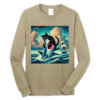 Cat Biting Shark Funny Art And Cat Lover Funny Long Sleeve Shirt