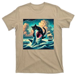 Cat Biting Shark Funny Art And Cat Lover Funny T-Shirt