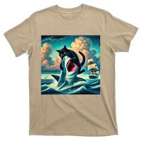 Cat Biting Shark Funny Art And Cat Lover Funny T-Shirt