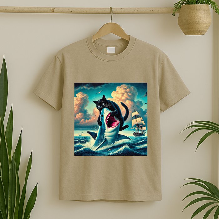 Cat Biting Shark Funny Art And Cat Lover Funny T-Shirt