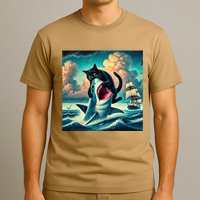 Cat Biting Shark Funny Art And Cat Lover Funny T-Shirt