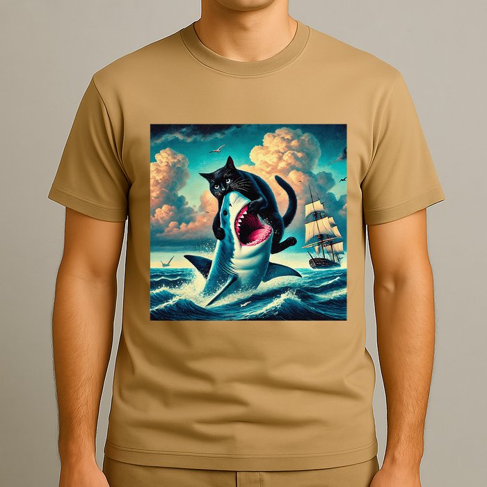 Cat Biting Shark Funny Art And Cat Lover Funny T-Shirt