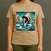 Cat Biting Shark Funny Art And Cat Lover Funny T-Shirt