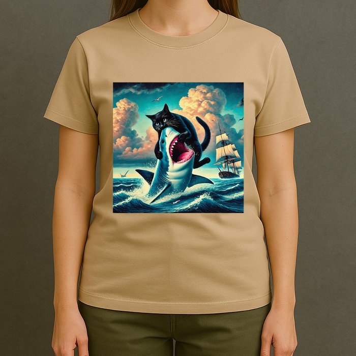 Cat Biting Shark Funny Art And Cat Lover Funny T-Shirt