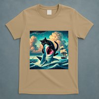 Cat Biting Shark Funny Art And Cat Lover Funny T-Shirt