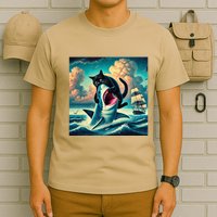 Cat Biting Shark Funny Art And Cat Lover Funny T-Shirt