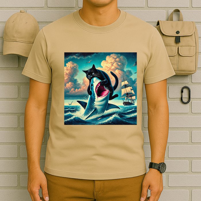 Cat Biting Shark Funny Art And Cat Lover Funny T-Shirt