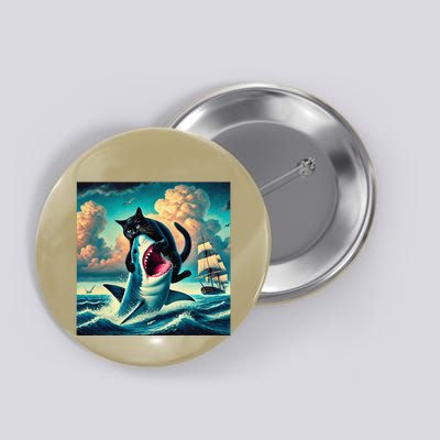 Cat Biting Shark Funny Art And Cat Lover Funny Button
