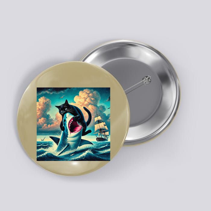 Cat Biting Shark Funny Art And Cat Lover Funny Button