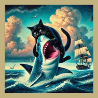 Cat Biting Shark Funny Art And Cat Lover Funny Button
