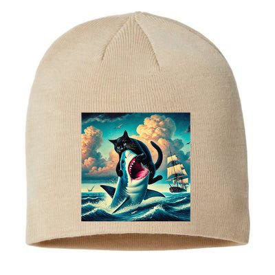 Cat Biting Shark Funny Art And Cat Lover Funny Sustainable Beanie