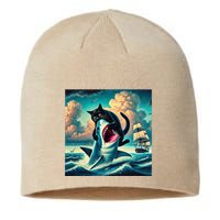 Cat Biting Shark Funny Art And Cat Lover Funny Sustainable Beanie