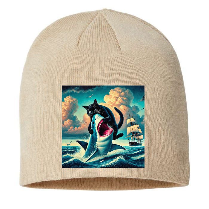 Cat Biting Shark Funny Art And Cat Lover Funny Sustainable Beanie