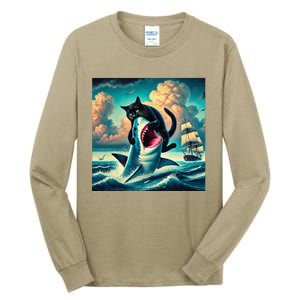 Cat Biting Shark Funny Art And Cat Lover Funny Tall Long Sleeve T-Shirt