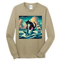 Cat Biting Shark Funny Art And Cat Lover Funny Tall Long Sleeve T-Shirt