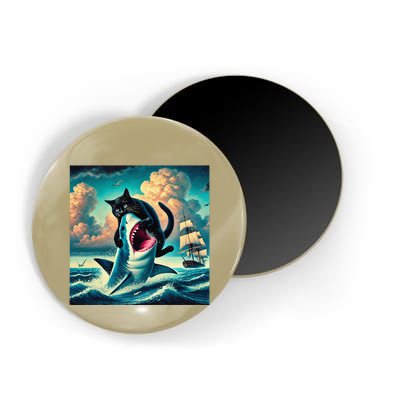 Cat Biting Shark Funny Art And Cat Lover Funny Magnet