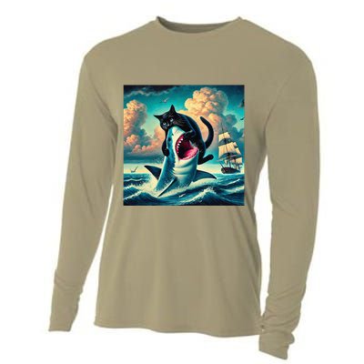 Cat Biting Shark Funny Art And Cat Lover Funny Cooling Performance Long Sleeve Crew