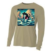 Cat Biting Shark Funny Art And Cat Lover Funny Cooling Performance Long Sleeve Crew