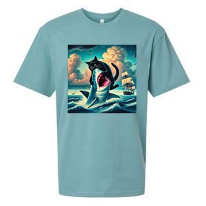 Cat Biting Shark Funny Art And Cat Lover Funny Sueded Cloud Jersey T-Shirt