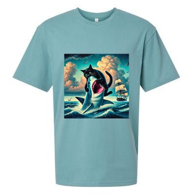 Cat Biting Shark Funny Art And Cat Lover Funny Sueded Cloud Jersey T-Shirt