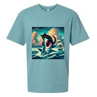 Cat Biting Shark Funny Art And Cat Lover Funny Sueded Cloud Jersey T-Shirt