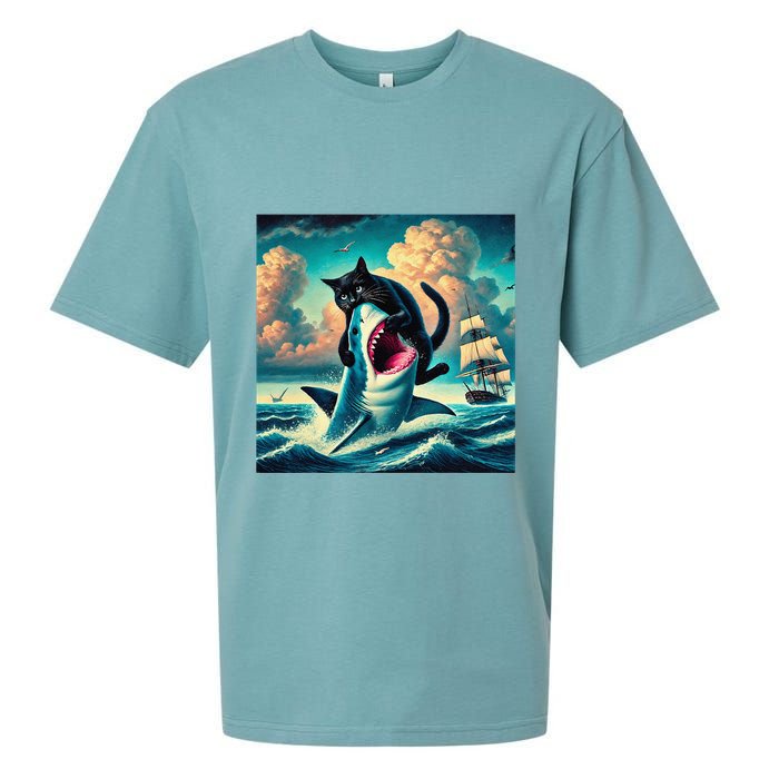 Cat Biting Shark Funny Art And Cat Lover Funny Sueded Cloud Jersey T-Shirt