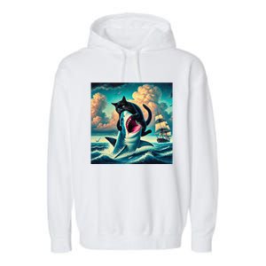 Cat Biting Shark Funny Art And Cat Lover Funny Garment-Dyed Fleece Hoodie