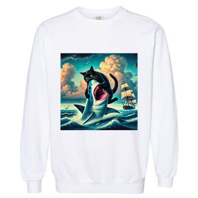 Cat Biting Shark Funny Art And Cat Lover Funny Garment-Dyed Sweatshirt