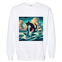 Cat Biting Shark Funny Art And Cat Lover Funny Garment-Dyed Sweatshirt