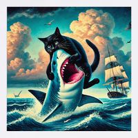 Cat Biting Shark Funny Art And Cat Lover Funny Garment-Dyed Sweatshirt