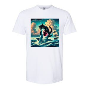 Cat Biting Shark Funny Art And Cat Lover Funny Softstyle CVC T-Shirt