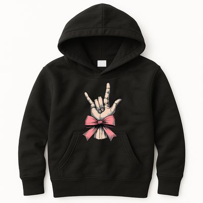 Coquette Bow Sign Language I Love You Asl Deaf Interpreter Kids Hoodie