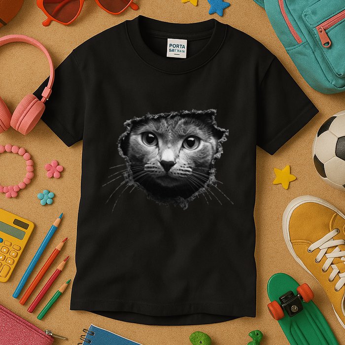 Cat Breed Series Gray Scale Cat Busting Out Thru Fabric. Kids T-Shirt