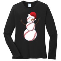 Christmas Baseball Snowman Ladies Long Sleeve Shirt