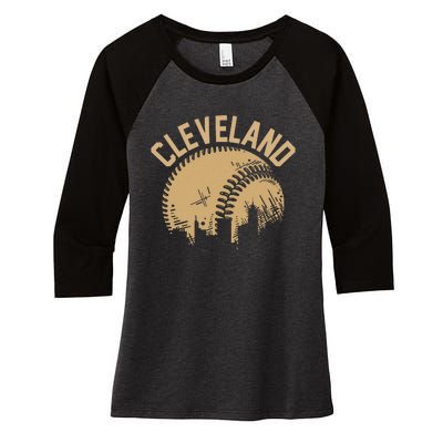 Cleveland Baseball Skyline Ohio Player Coach Fan Women's Tri-Blend 3/4-Sleeve Raglan Shirt