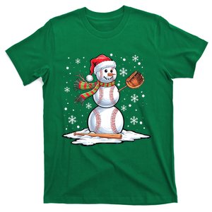 Christmas Baseball Snowman Baseball Player Santa Hat Funny Xmas Sport Gift T-Shirt