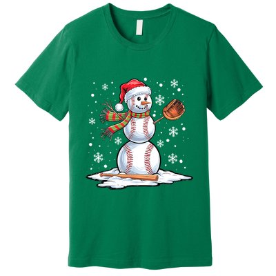 Christmas Baseball Snowman Baseball Player Santa Hat Funny Xmas Sport Gift Premium T-Shirt