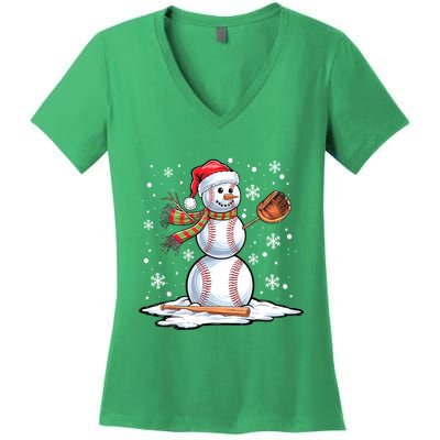 Christmas Baseball Snowman Baseball Player Santa Hat Funny Xmas Sport Gift Women's V-Neck T-Shirt