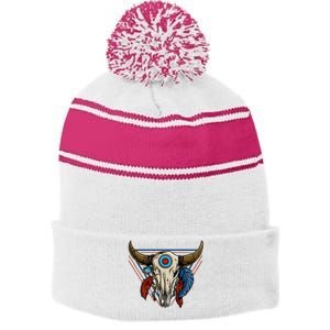 Classic Buffalo Skull Native American Tribe Totem Stripe Pom Pom Beanie