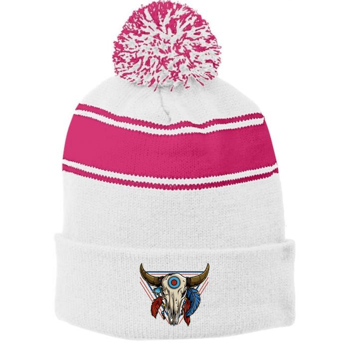 Classic Buffalo Skull Native American Tribe Totem Stripe Pom Pom Beanie