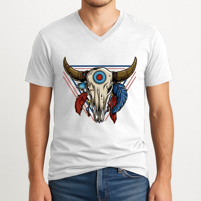 Classic Buffalo Skull Native American Tribe Totem V-Neck T-Shirt