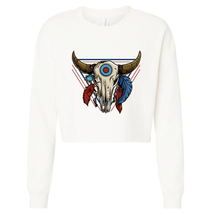 Classic Buffalo Skull Native American Tribe Totem Cropped Pullover Crew