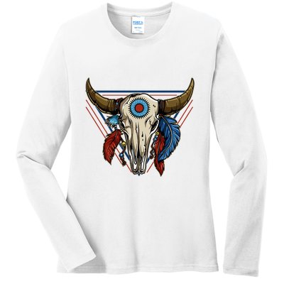 Classic Buffalo Skull Native American Tribe Totem Ladies Long Sleeve Shirt
