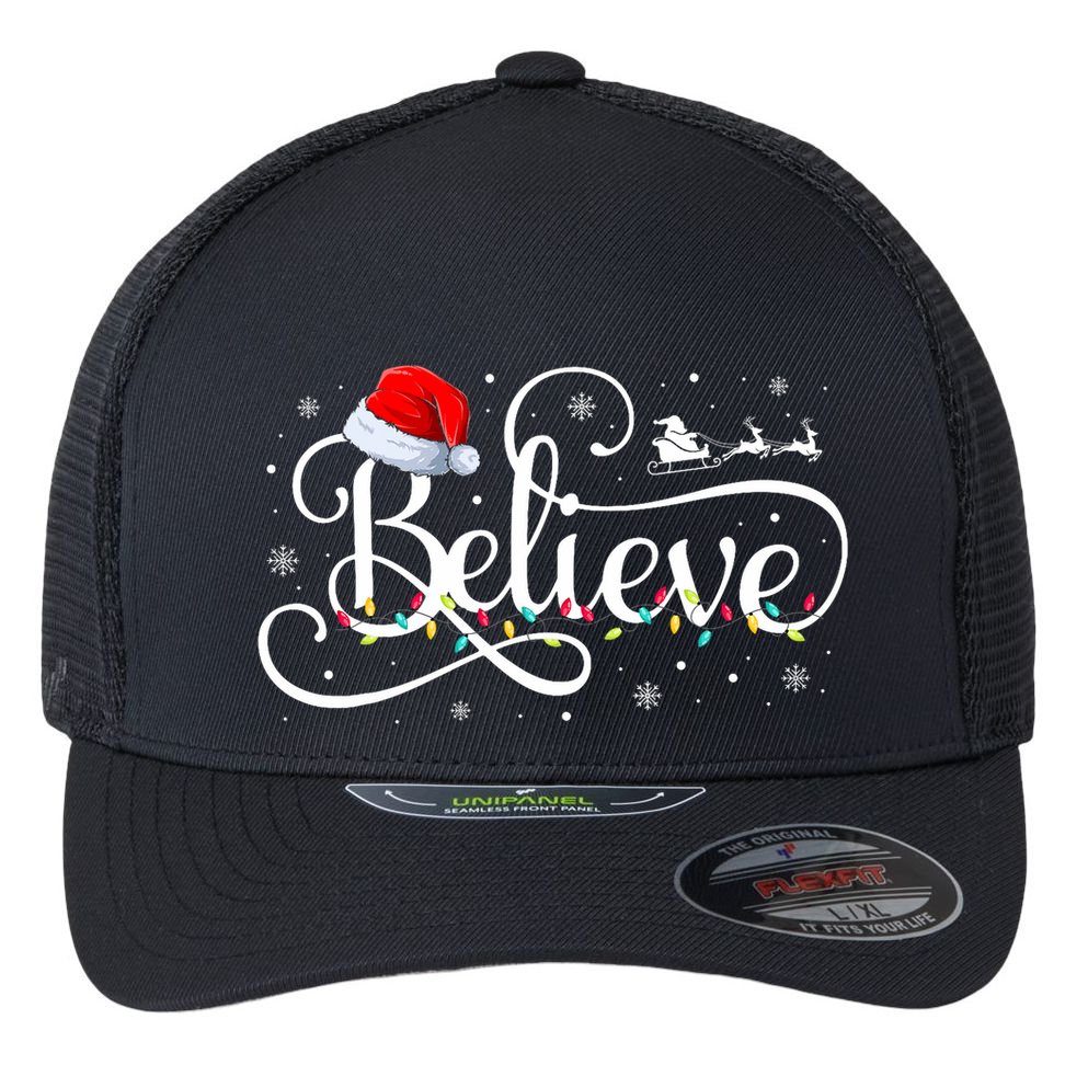 Christmas Believe Santa Claus Funny Family Matching Flexfit Unipanel Trucker Cap