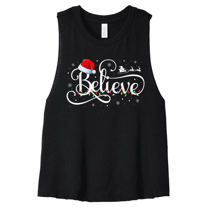 Christmas Believe Santa Claus Funny Family Matching Women's Racerback Cropped Tank