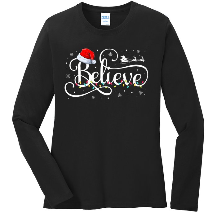 Christmas Believe Santa Claus Funny Family Matching Ladies Long Sleeve Shirt