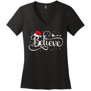 Christmas Believe Santa Claus Funny Family Matching Women's V-Neck T-Shirt