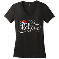 Christmas Believe Santa Claus Funny Family Matching Women's V-Neck T-Shirt