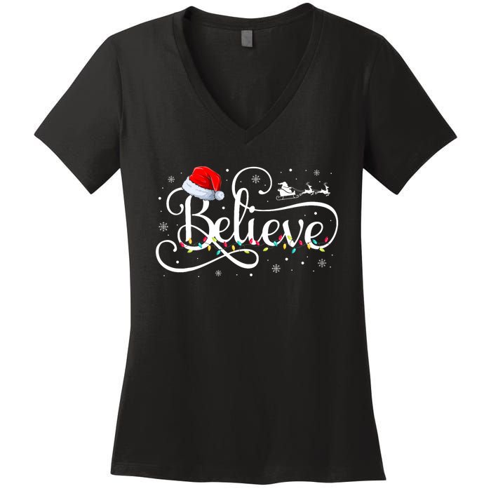 Christmas Believe Santa Claus Funny Family Matching Women's V-Neck T-Shirt