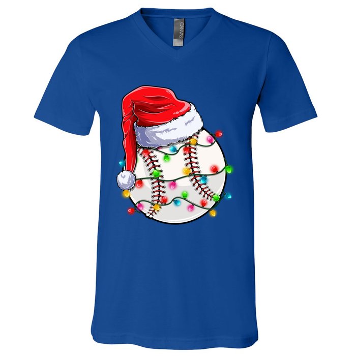 Christmas Baseball Santa Hat Funny Xmas Pajama Cute Gift V-Neck T-Shirt